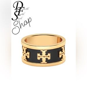 TORY BURCH • Black Enamel Raised Logo Ring with Giftbox and Dust Bag